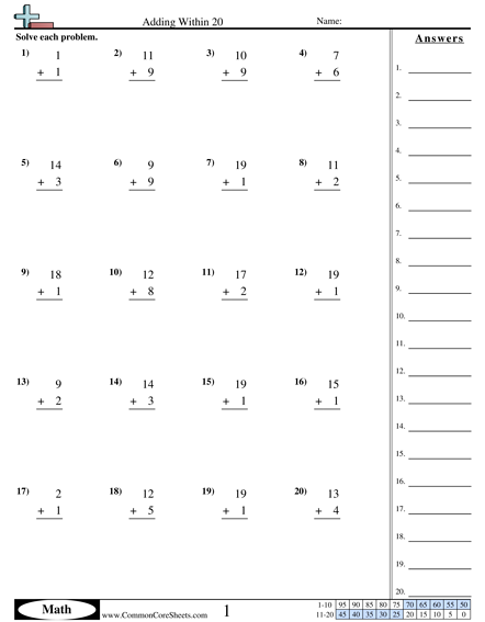 1.oa.6 Worksheets - Adding Within 20 worksheet